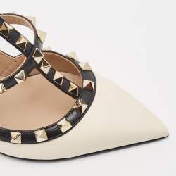 Pre Owned Valentino White/Black Leather Rockstud Ankle Strap Pumps Size 36