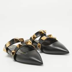 Pre Owned Valentino Black Leather Roman Stud Flat Mules Size 37