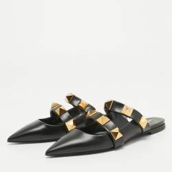 Pre Owned Valentino Black Leather Roman Stud Flat Mules Size 37