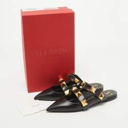Pre Owned Valentino Black Leather Roman Stud Flat Mules Size 37