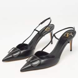Pre Owned Valentino Black Leather Escape V logo Slingback Pumps Size 41