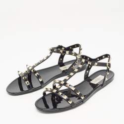 Pre Owned Valentino Black Rubber Rockstud Flat Sandals Size 39
