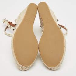 Pre Owned Valentino Cream Leather Rockstud Espadrille Wedge Ankle Wrap Pumps Size 40