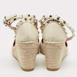 Pre Owned Valentino Cream Leather Rockstud Espadrille Wedge Ankle Wrap Pumps Size 40