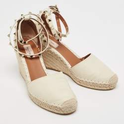 Pre Owned Valentino Cream Leather Rockstud Espadrille Wedge Ankle Wrap Pumps Size 40