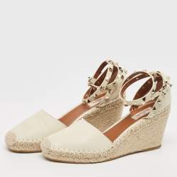 Pre Owned Valentino Cream Leather Rockstud Espadrille Wedge Ankle Wrap Pumps Size 40