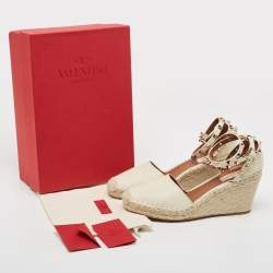 Pre Owned Valentino Cream Leather Rockstud Espadrille Wedge Ankle Wrap Pumps Size 40