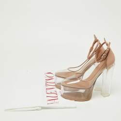 Pre Owned Valentino Transparent/Pink Pvc and Patent Leather Tan-Go Platform Ankle Strap Pumps Size 38