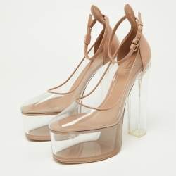 Pre Owned Valentino Transparent/Pink Pvc and Patent Leather Tan-Go Platform Ankle Strap Pumps Size 38