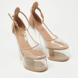 Pre Owned Valentino Transparent/Pink Pvc and Patent Leather Tan-Go Platform Ankle Strap Pumps Size 38