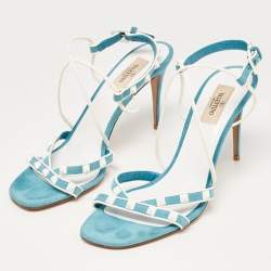 Pre Owned Valentino Blue Suede Rockstud Ankle Wrap Sandals Size 40