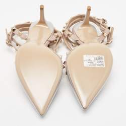 Pre Owned Valentino Grey Patent Leather Rockstud Ankle Strap Pumps Size 38.5