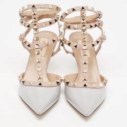 Pre Owned Valentino Grey Patent Leather Rockstud Ankle Strap Pumps Size 38.5