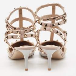 Pre Owned Valentino Grey Patent Leather Rockstud Ankle Strap Pumps Size 38.5