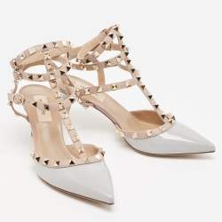 Pre Owned Valentino Grey Patent Leather Rockstud Ankle Strap Pumps Size 38.5