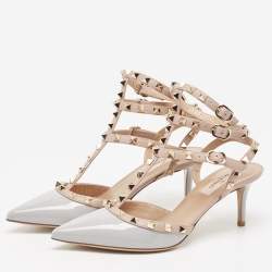 Pre Owned Valentino Grey Patent Leather Rockstud Ankle Strap Pumps Size 38.5