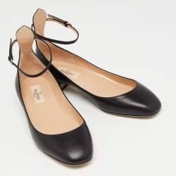Pre Owned Valentino Black Leather Tango Ankle Strap Ballet Flats Size 38