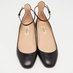 Pre Owned Valentino Black Leather Tango Ankle Strap Ballet Flats Size 38
