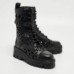 Pre Owned Valentino Black Leather Atelier Combat Boots Size 38.5