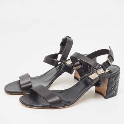 Pre Owned Valentino Black Leather Rockstud Ankle Strap Sandals Size 38.5