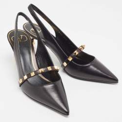 Pre Owned Valentino Black Leather Rockstud Slingback Pumps Size 37