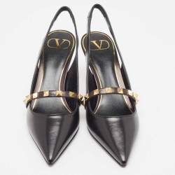 Pre Owned Valentino Black Leather Rockstud Slingback Pumps Size 37