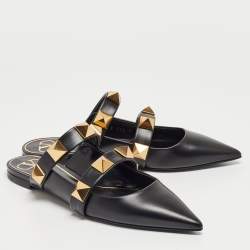 Pre Owned Valentino Black Leather Roman Stud Flat Mules Size 39