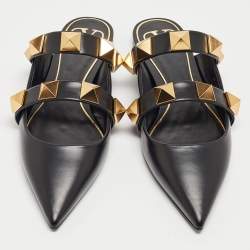 Pre Owned Valentino Black Leather Roman Stud Flat Mules Size 39