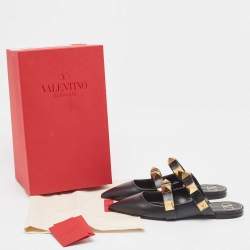 Pre Owned Valentino Black Leather Roman Stud Flat Mules Size 38