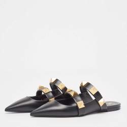 Pre Owned Valentino Black Leather Roman Stud Flat Mules Size 38