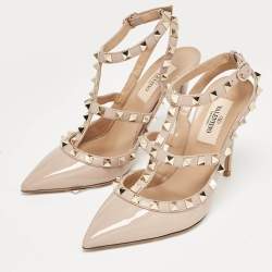 Pre Owned Valentino Dusty Pink Patent Leather Rockstud Ankle Strap Pumps Size 35