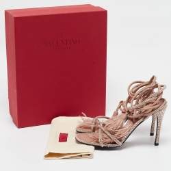 Valentino Beige Satin and Leather Crystal Embellished Ankle Strap Sandals Size 38