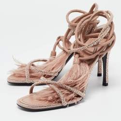 Valentino Beige Satin and Leather Crystal Embellished Ankle Strap Sandals Size 38