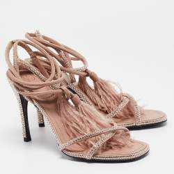 Valentino Beige Satin and Leather Crystal Embellished Ankle Strap Sandals Size 38