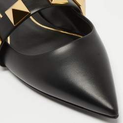 Pre Owned Valentino Black Leather Roman Stud Flat Mules Size 38.5