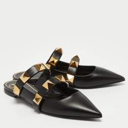 Pre Owned Valentino Black Leather Roman Stud Flat Mules Size 38.5