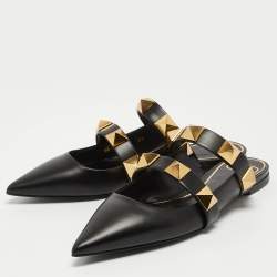 Pre Owned Valentino Black Leather Roman Stud Flat Mules Size 38.5
