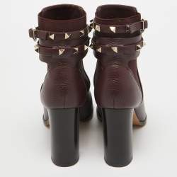 Pre Owned Valentino Burgundy Leather Rockstud Ankle Boots Size 37.5