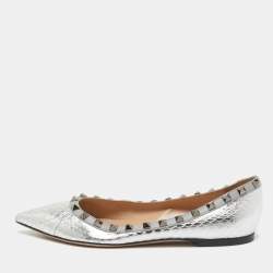 Pre Owned Valentino Silver Embossed Python Rockstud Ballet Flats Size 37.5