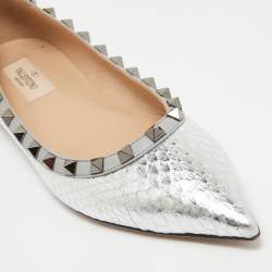 Pre Owned Valentino Silver Embossed Python Rockstud Ballet Flats Size 37.5