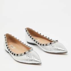 Pre Owned Valentino Silver Embossed Python Rockstud Ballet Flats Size 37.5