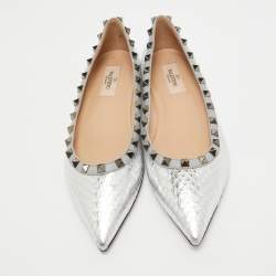 Pre Owned Valentino Silver Embossed Python Rockstud Ballet Flats Size 37.5
