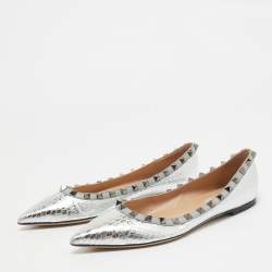 Pre Owned Valentino Silver Embossed Python Rockstud Ballet Flats Size 37.5