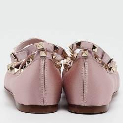 Pre Owned Valentino Pink Satin Rockstud Ankle Strap Ballet Flats Size 39.5