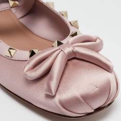 Pre Owned Valentino Pink Satin Rockstud Ankle Strap Ballet Flats Size 39.5