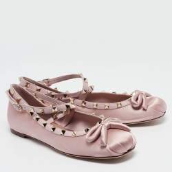 Pre Owned Valentino Pink Satin Rockstud Ankle Strap Ballet Flats Size 39.5