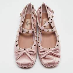 Pre Owned Valentino Pink Satin Rockstud Ankle Strap Ballet Flats Size 39.5