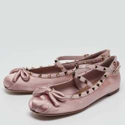 Pre Owned Valentino Pink Satin Rockstud Ankle Strap Ballet Flats Size 39.5