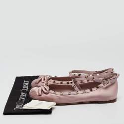 Pre Owned Valentino Pink Satin Rockstud Ankle Strap Ballet Flats Size 39.5