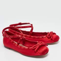 Valentino Red Satin Rockstud Ankle Strap Ballet Flats Size 39.5